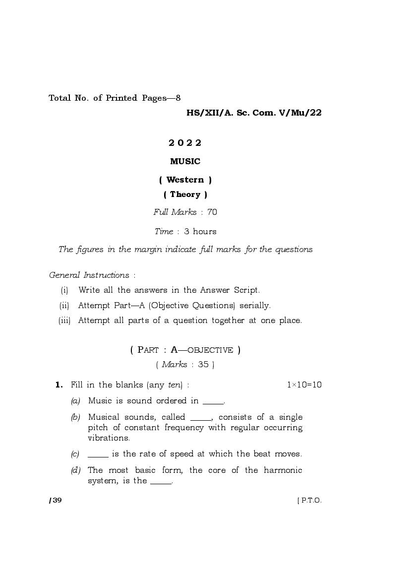 MBOSE Class 12 Question Paper 2022 for Music - Page 1