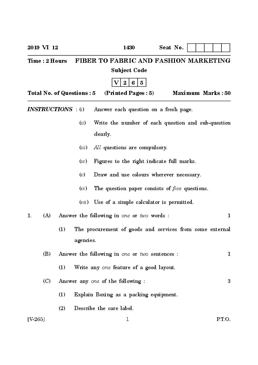 Goa Board Class 12 Question Paper June 2019 Fiber to Fabric and Fashion Marketing - Page 1