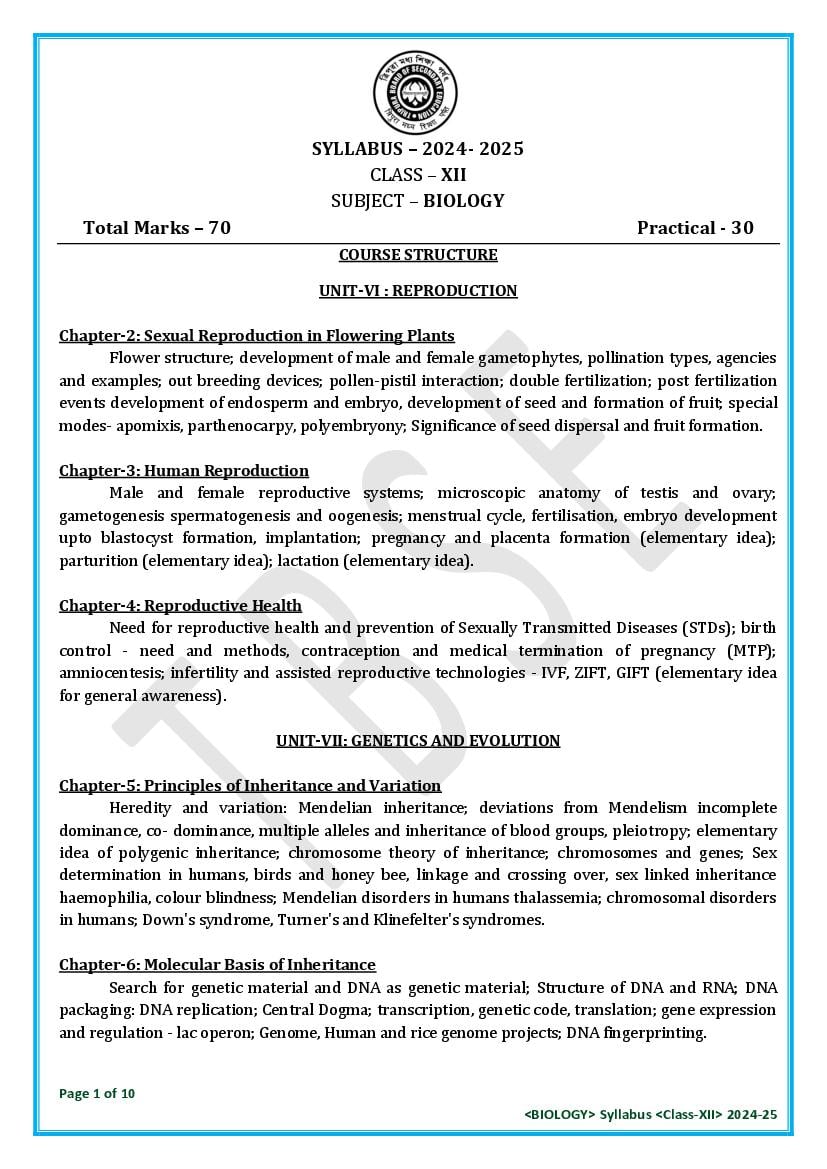 TBSE Class 12 Syllabus 2025 Biology - Page 1