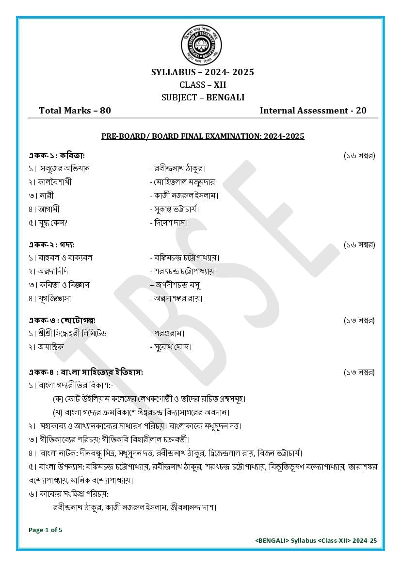 TBSE Class 12 Syllabus 2025 Bengali - Page 1