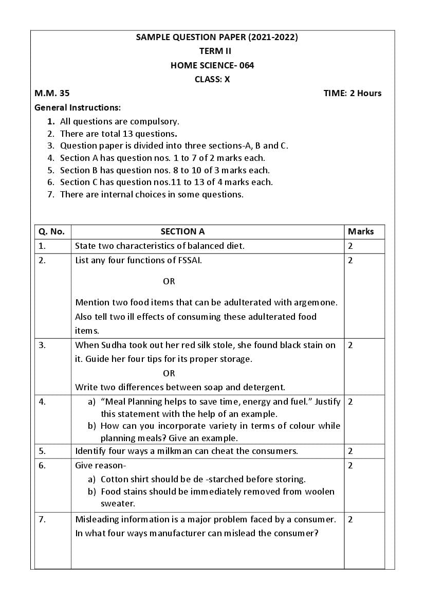 CBSE Class 10 Sample Paper 2022 for Home Science Term 2 - Page 1