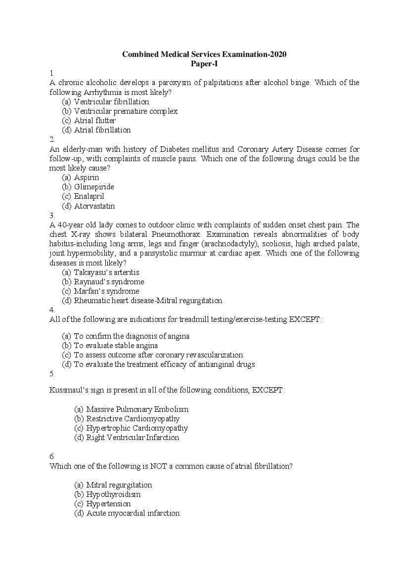 UPSC CMS 2020 Question Paper - Paper I - Page 1