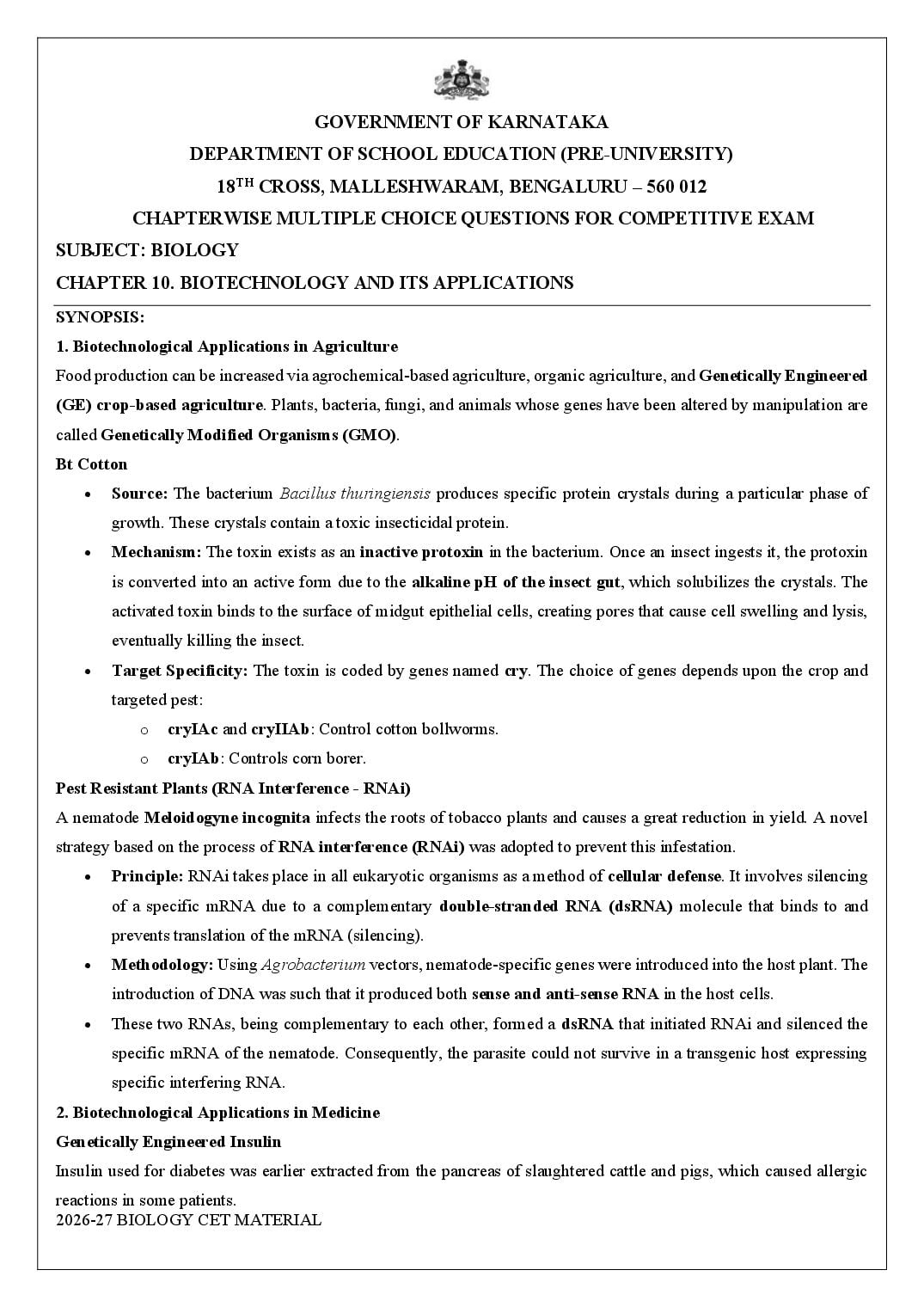 Karnataka 2nd PUC Biology Biotechnology and Its Applications MCQ with Answers - Page 1 of 14