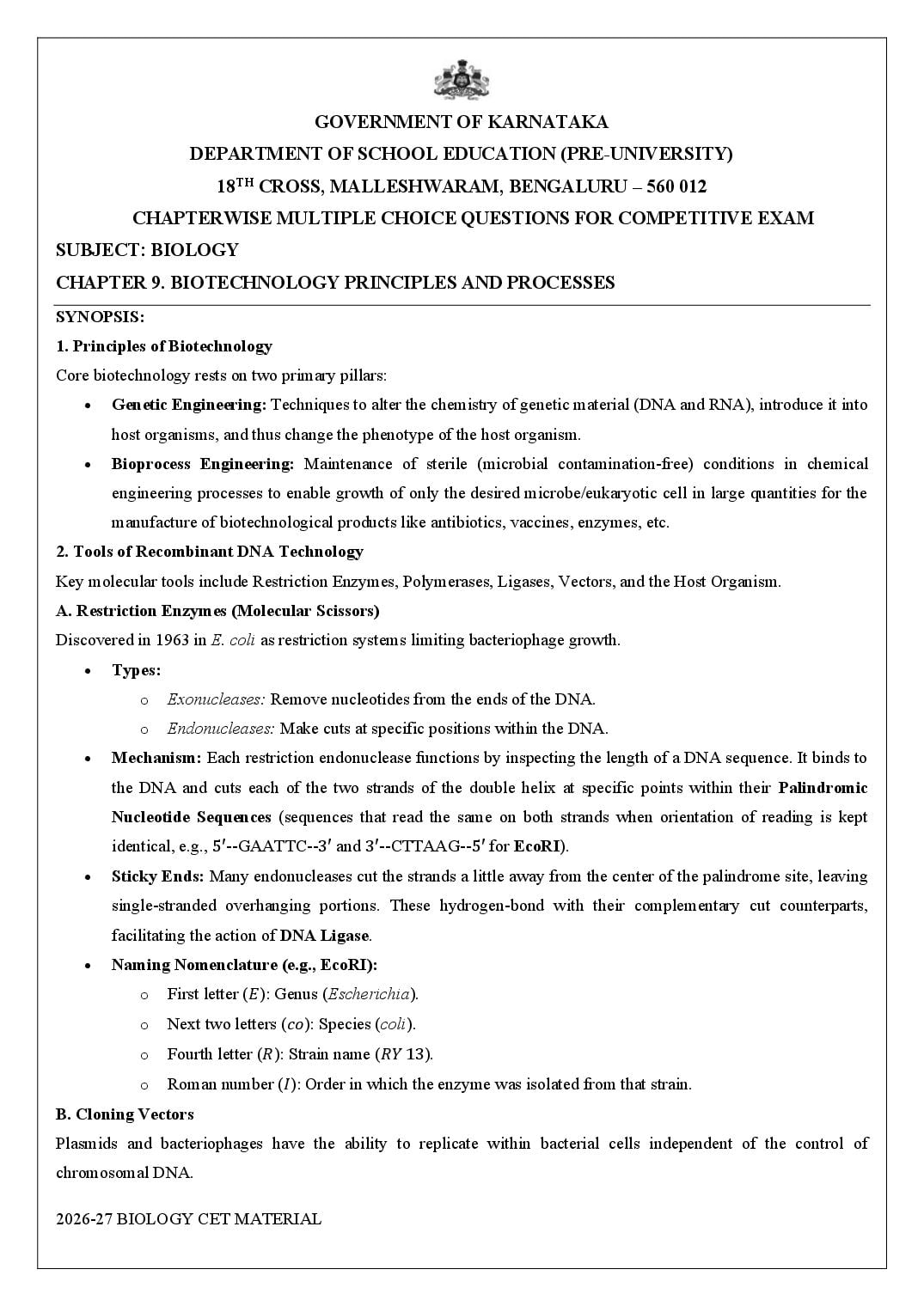 Karnataka 2nd PUC Biology Biotechnology Principles and Processes MCQ with Answers - Page 1 of 14