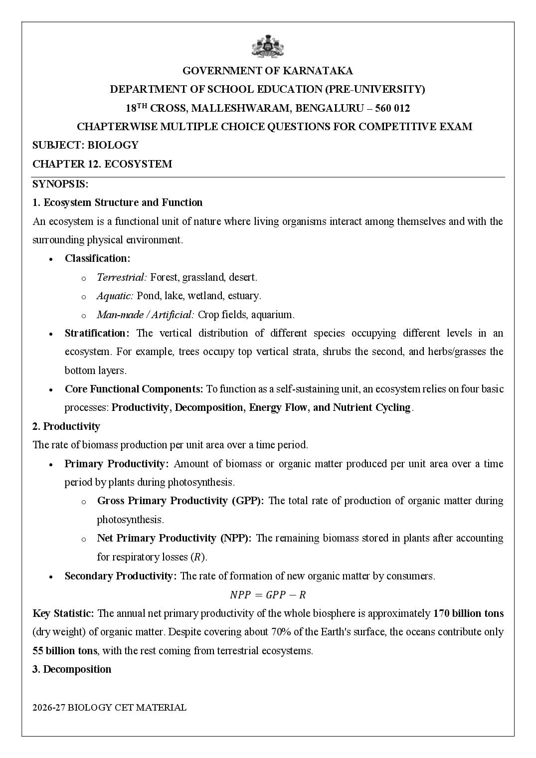 Karnataka 2nd PUC Biology Ecosystem MCQ with Answers - Page 1 of 13