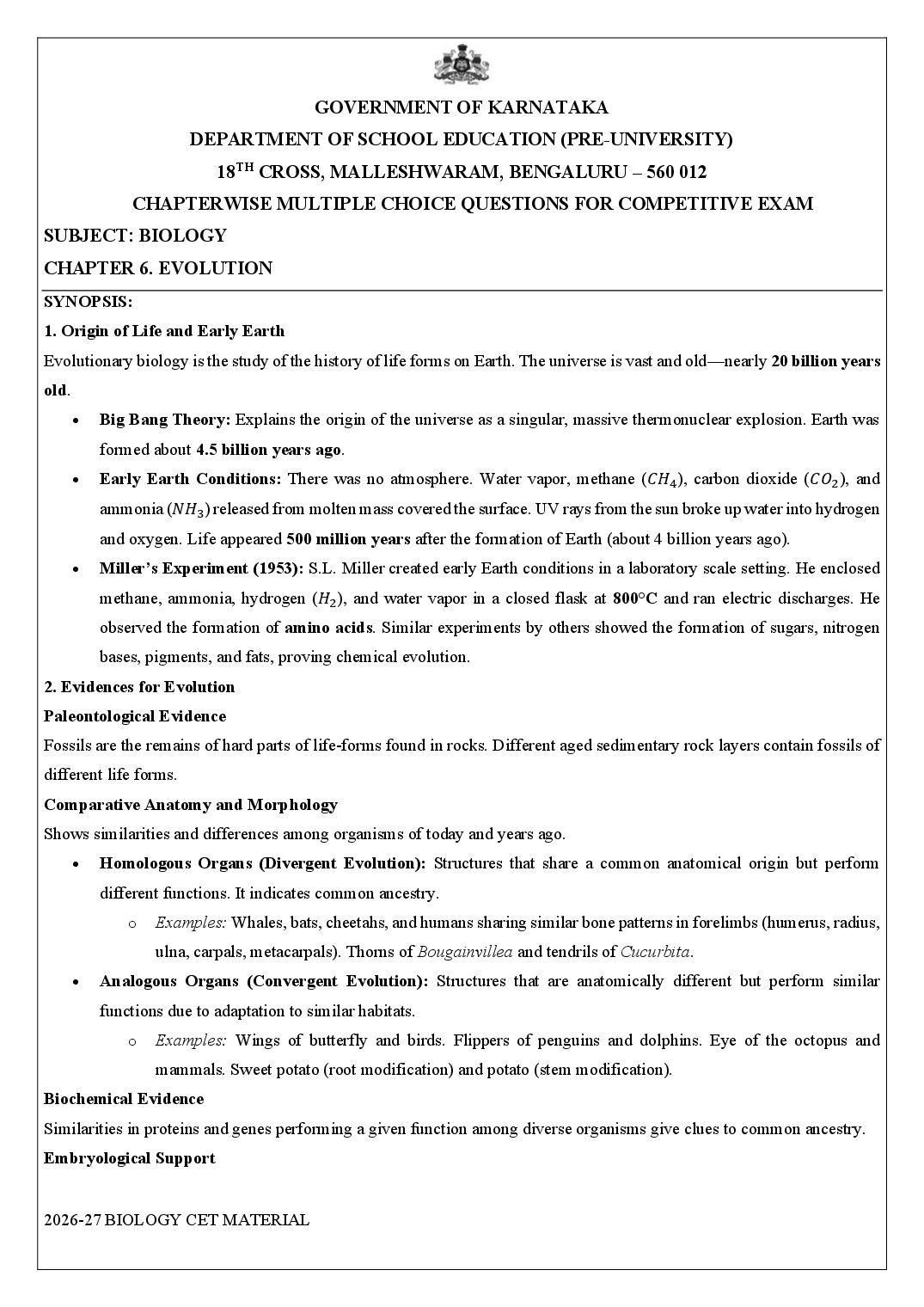 Karnataka 2nd PUC Biology Evolution MCQ with Answers - Page 1 of 15
