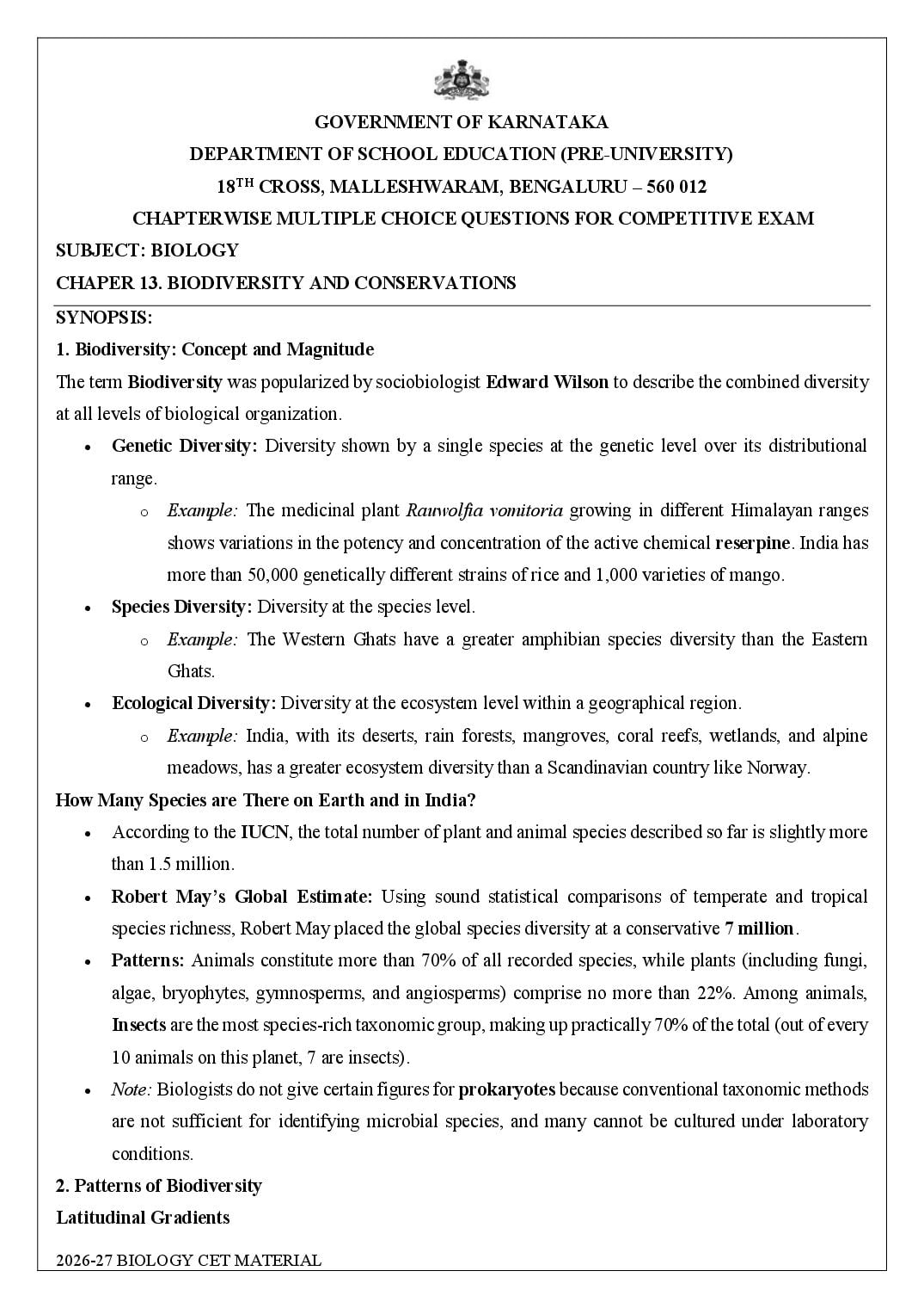 Karnataka 2nd PUC Biology Biodiversity and Conservation MCQ with Answers - Page 1 of 15