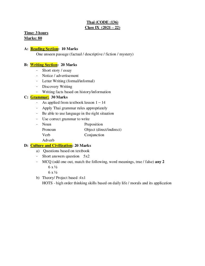 CBSE Class 9 Thai Syllabus 2021-22 - Page 1