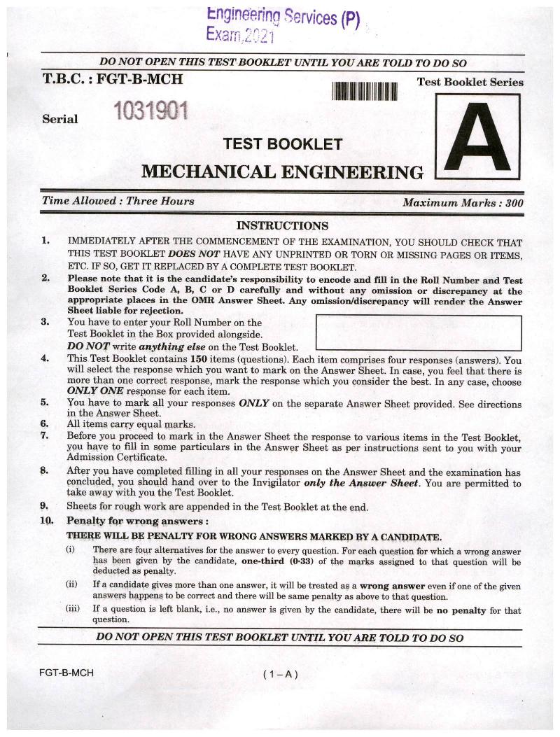 UPSC IES 2021 (Prelims) Question Paper for Mechanical Engineering - Page 1