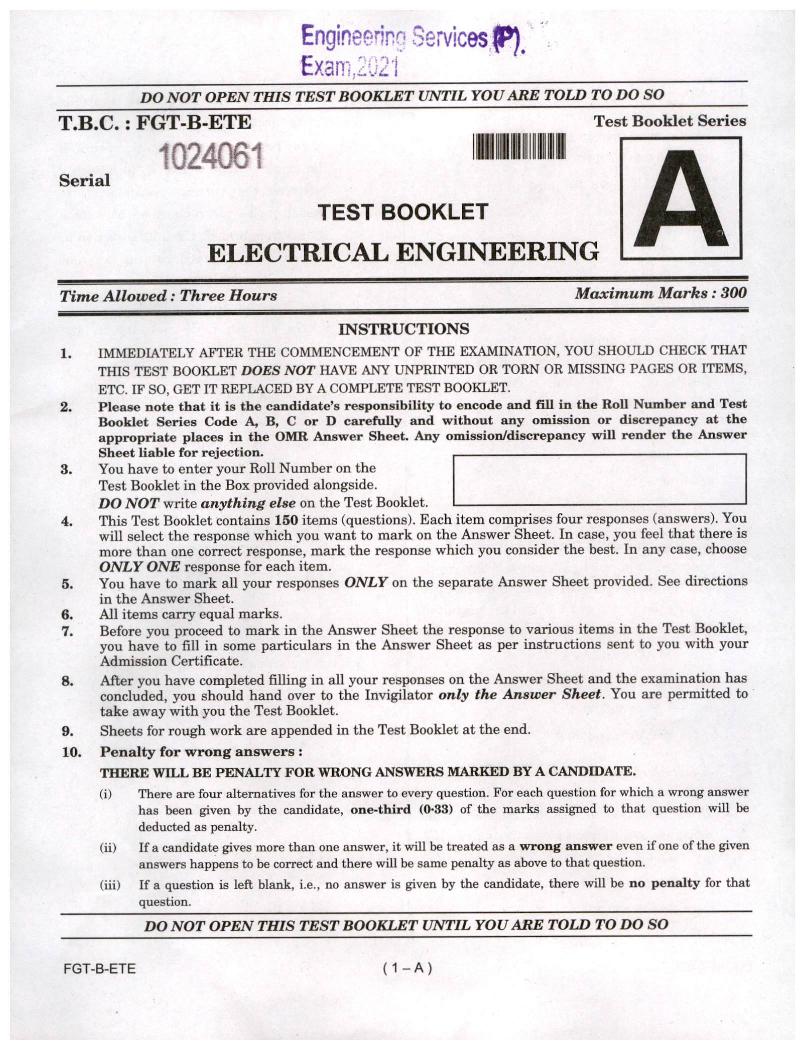 UPSC IES 2021 (Prelims) Question Paper for Electrical Engineering - Page 1
