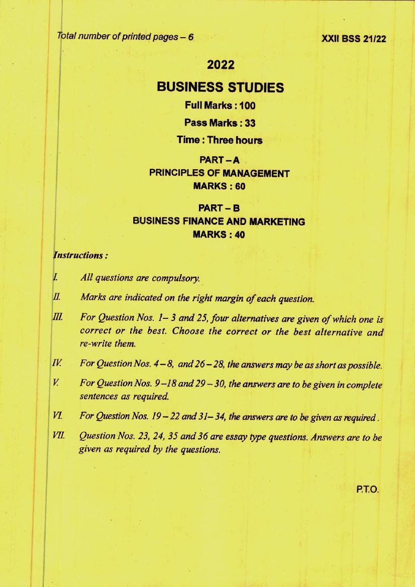 Manipur Board Class 12 Question Paper 2022 for Business Studies - Page 1