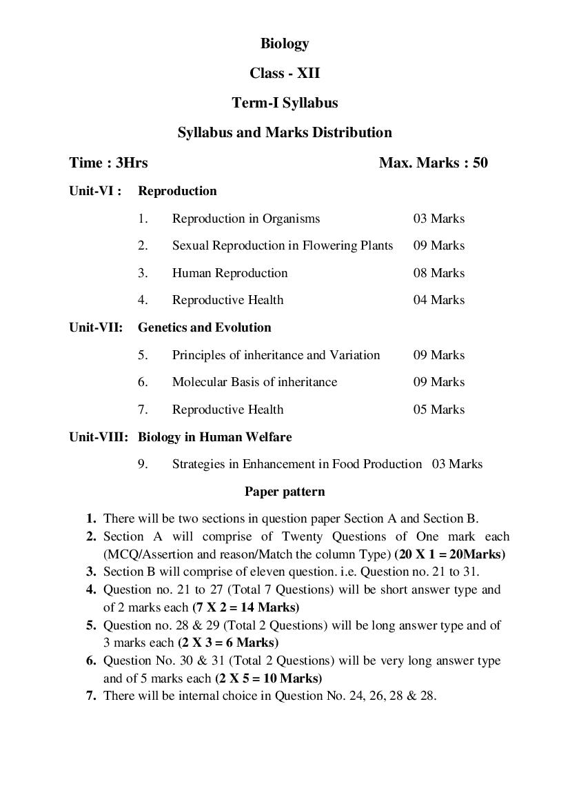 HP Board Class 12 Syllabus 2023 Biology - Page 1