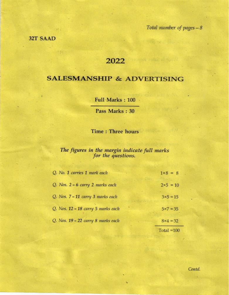 AHSEC HS 2nd Year Question Paper 2022 Salesmanship and Advertising - Page 1