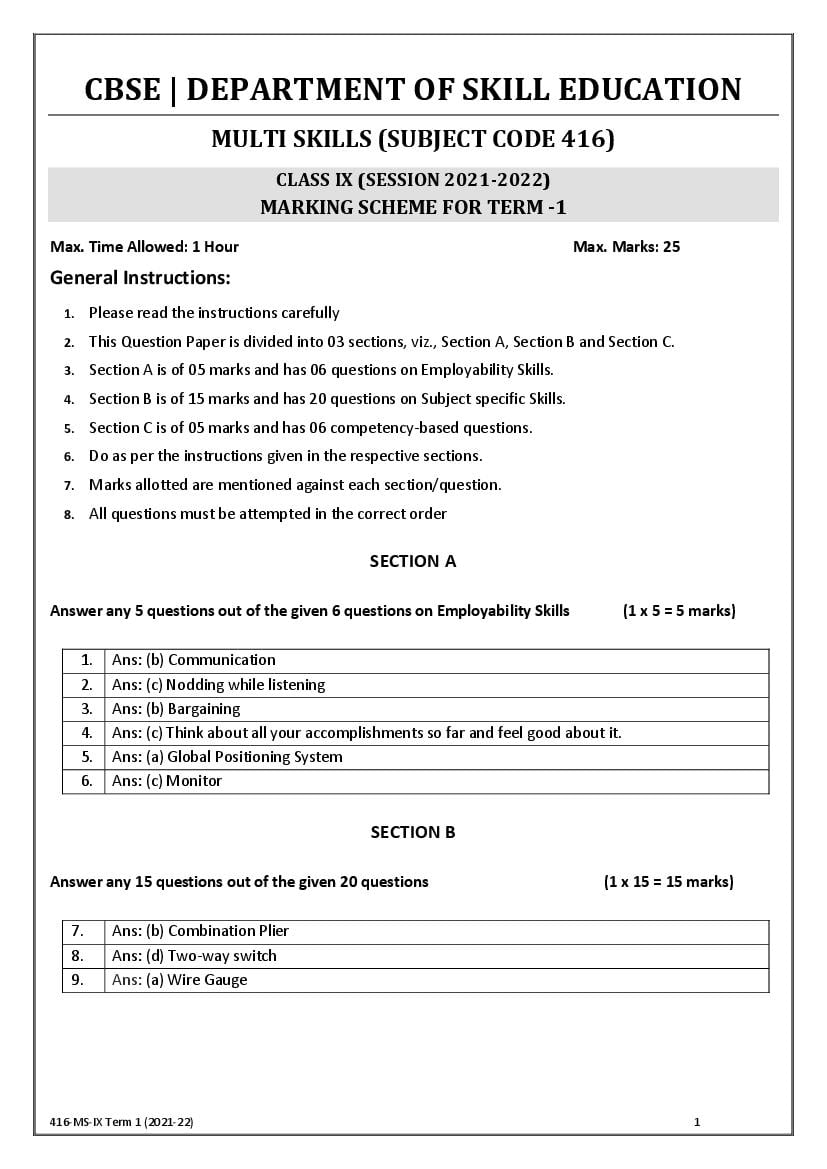 CBSE Class 12 Marking Scheme 2022 for Multiskill Foundation Course - Page 1