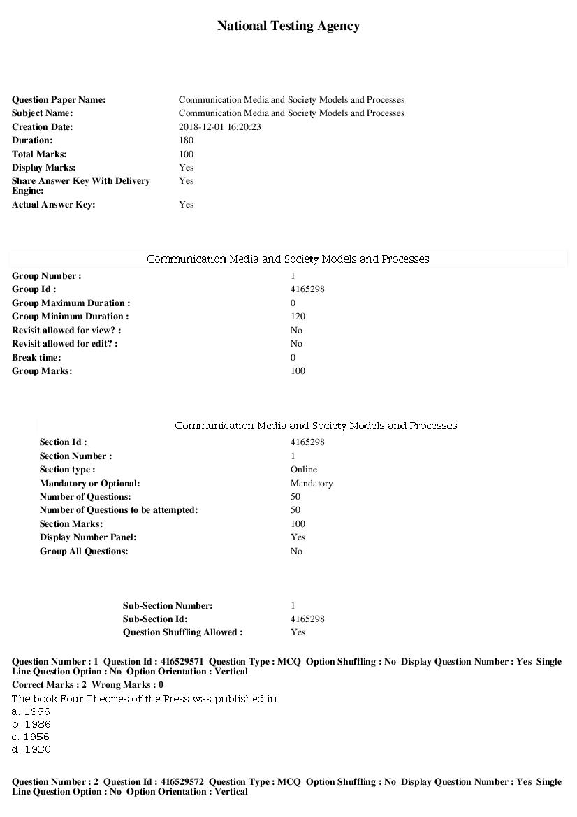 SWAYAM 2018 Question Paper Communication Media and Society Models and Processes - Page 1 of 9