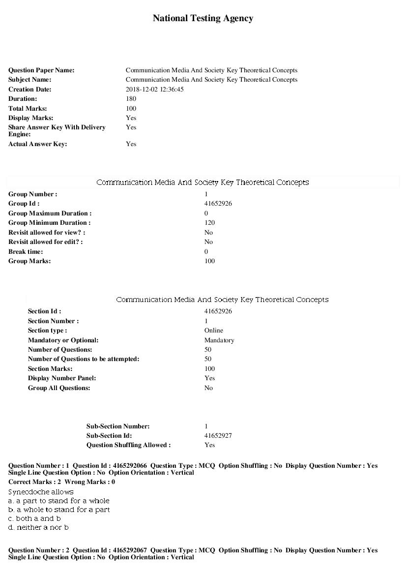 SWAYAM 2018 Question Paper Communication Media And Society Key Theoretical Concepts - Page 1 of 9