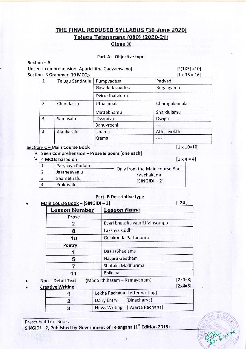 CBSE Class 10 Telugu Telangana Syllabus 2020-21 - Page 1