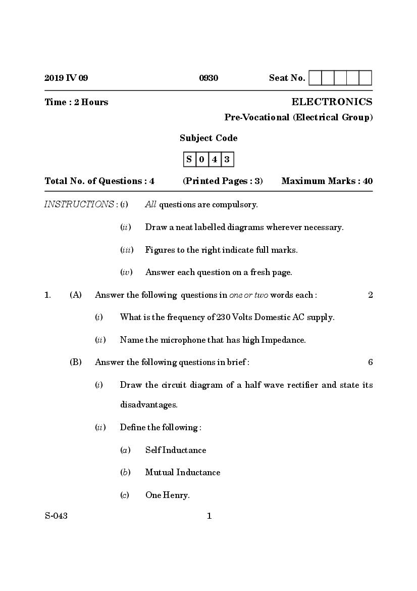 Goa Board Class 10 Question Paper Mar 2019 Electronics Pre Vocational - Page 1