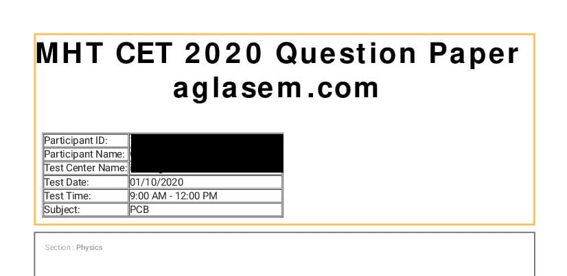 MHT CET 2020 Question Paper PCB Oct 1 - Page 1