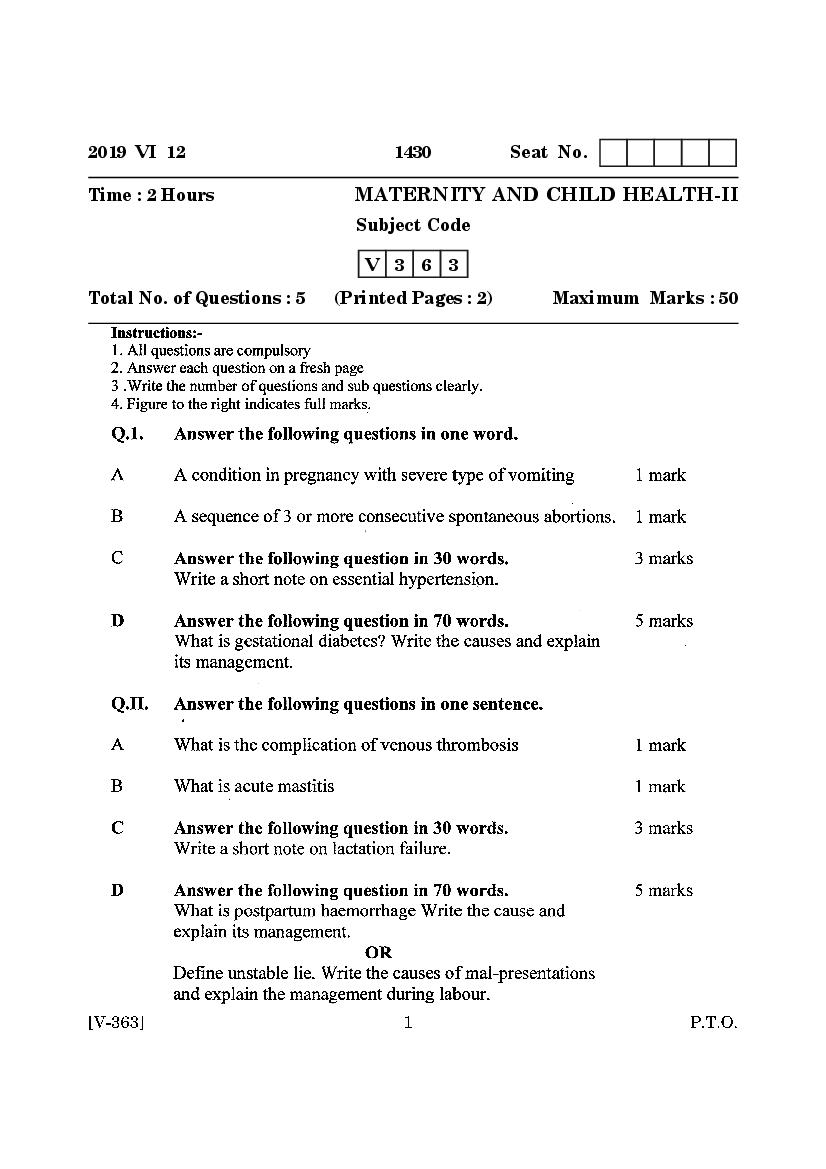 Goa Board Class 12 Question Paper June 2019 Maternity and Child Health II - Page 1