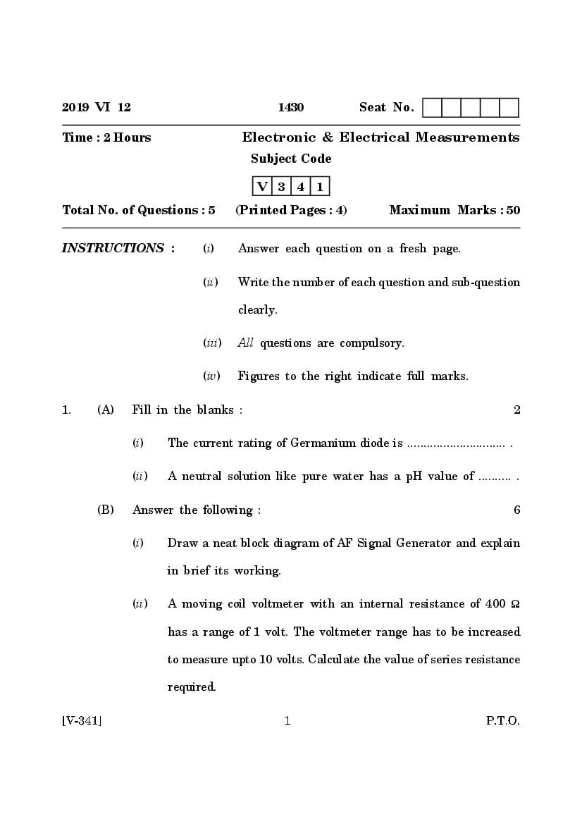 Goa Board Class 12 Question Paper June 2019 Electronic and Electrical Measurements - Page 1
