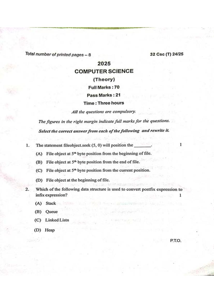 Manipur Board Class 12 Question Paper 2025 for Computer Science - Page 1