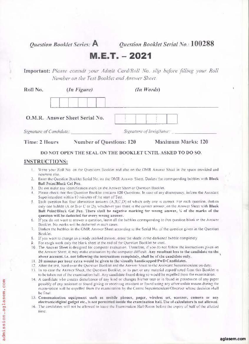 PU MET 2021 Question Paper PDF with Answer Key