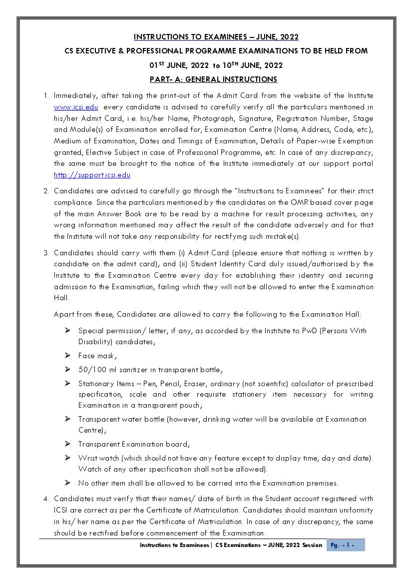 ICSI CS Executive and Professional June 2022 Instructions Notice for Examinees - Page 1