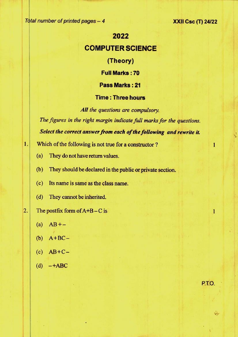 Manipur Board Class 12 Question Paper 2022 for Computer Science - Page 1