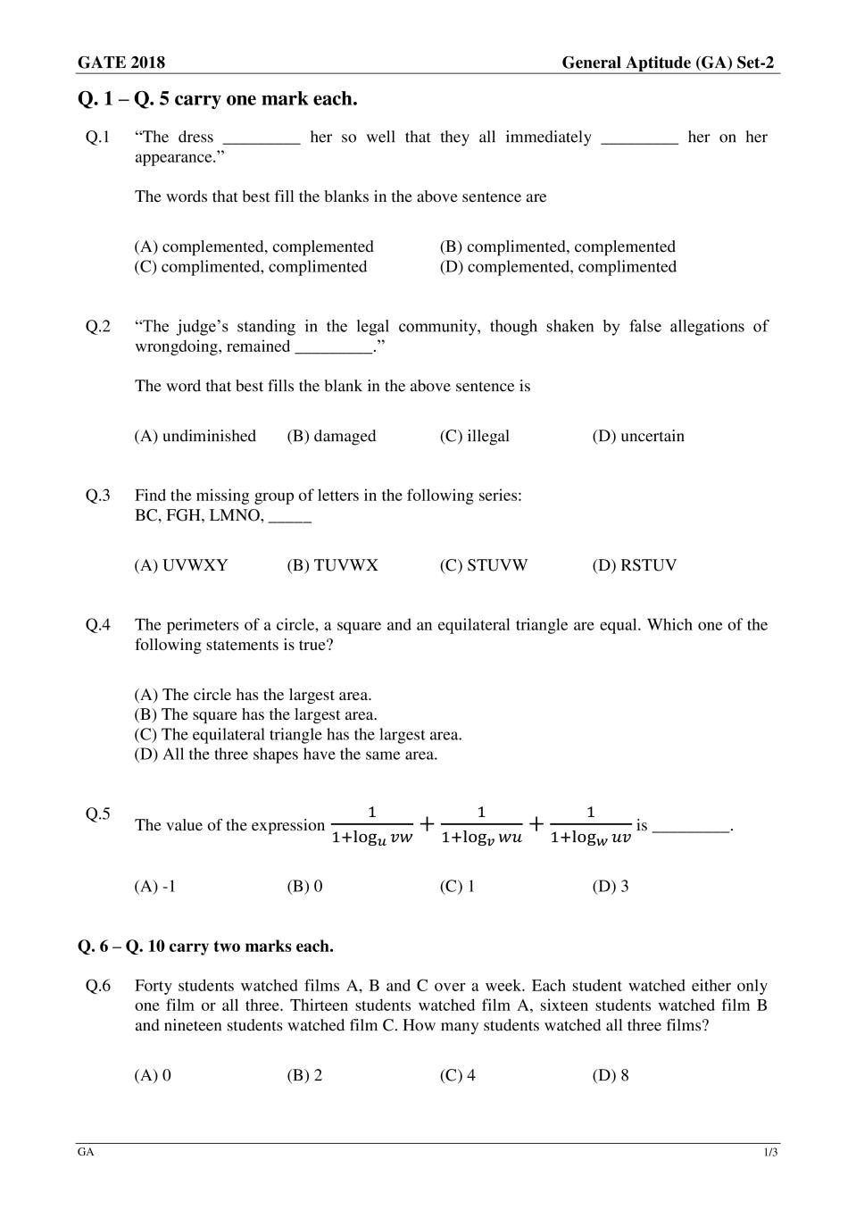 GATE 2018 Mechanical Engineering (ME) Question Paper with Answer Set 2 - Page 1
