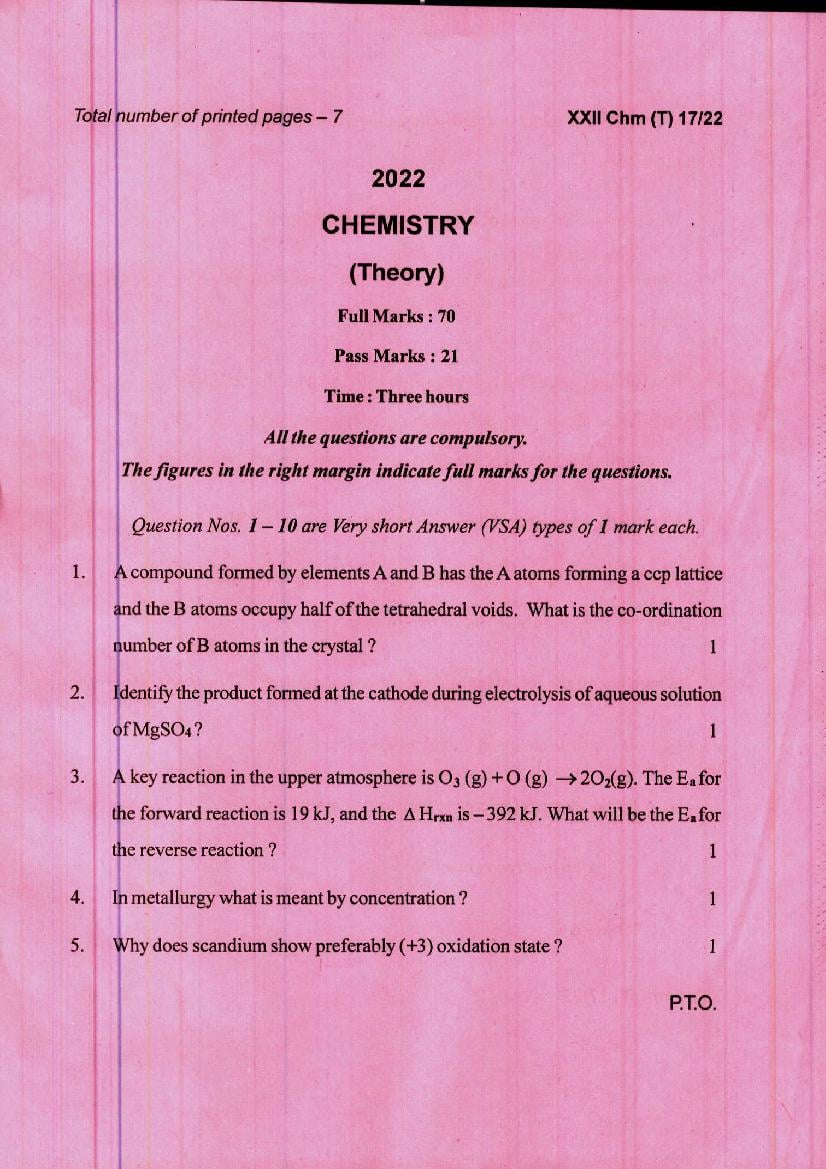 Manipur Board Class 12 Question Paper 2022 for Chemistry - Page 1