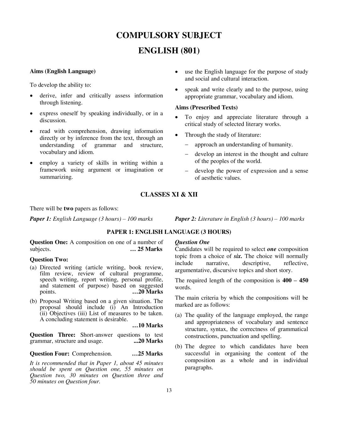 ISC Class 12 English Syllabus 2021 - Page 1