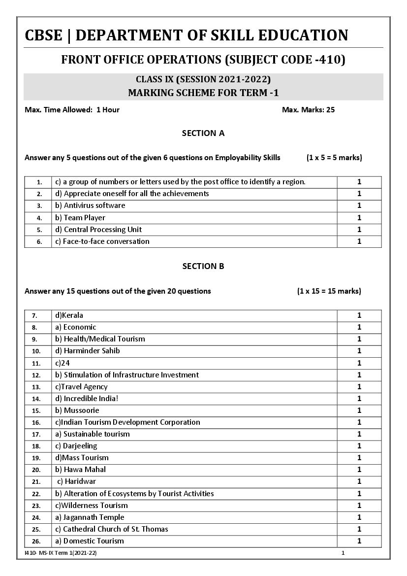 CBSE Class 9 Marking Scheme 2022 for Front Office Operations - Page 1