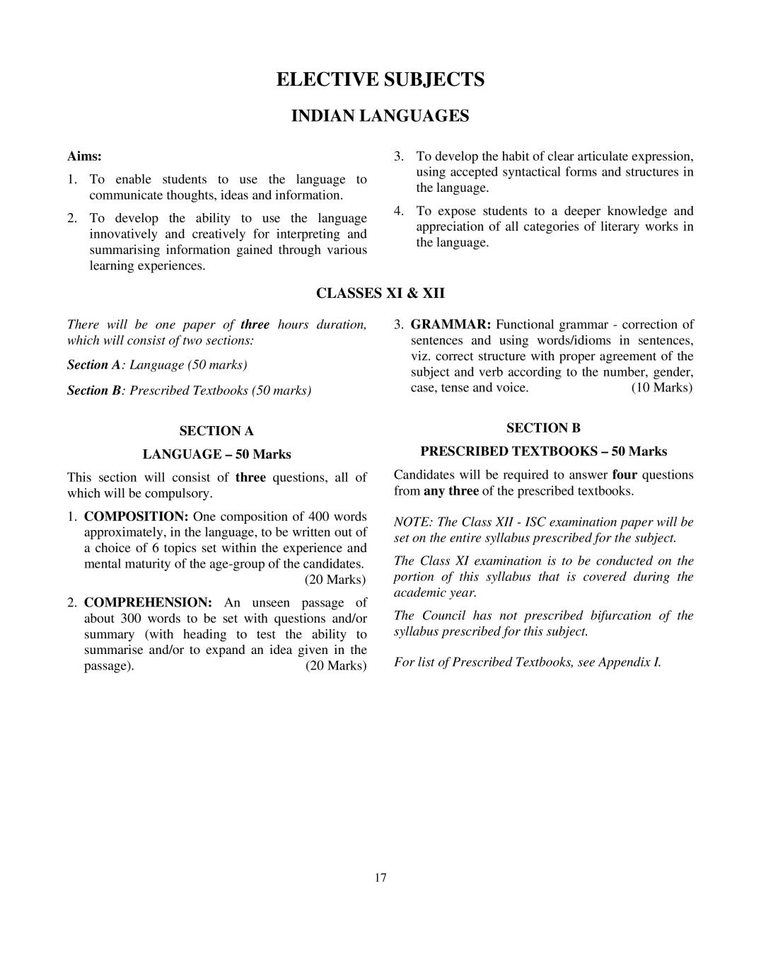 ISC Class 12 Indian Languages Syllabus 2021 - Page 1