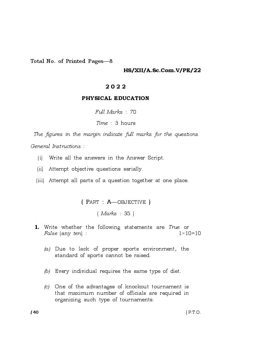 MBOSE Class 12 Question Paper 2022 for Physical Education - Page 1