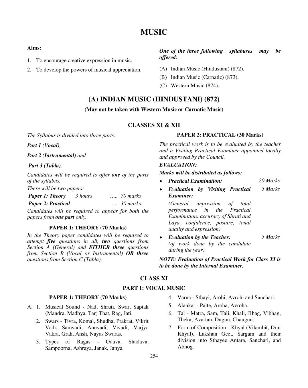 ISC Class 12 Music Syllabus 2021 - Page 1