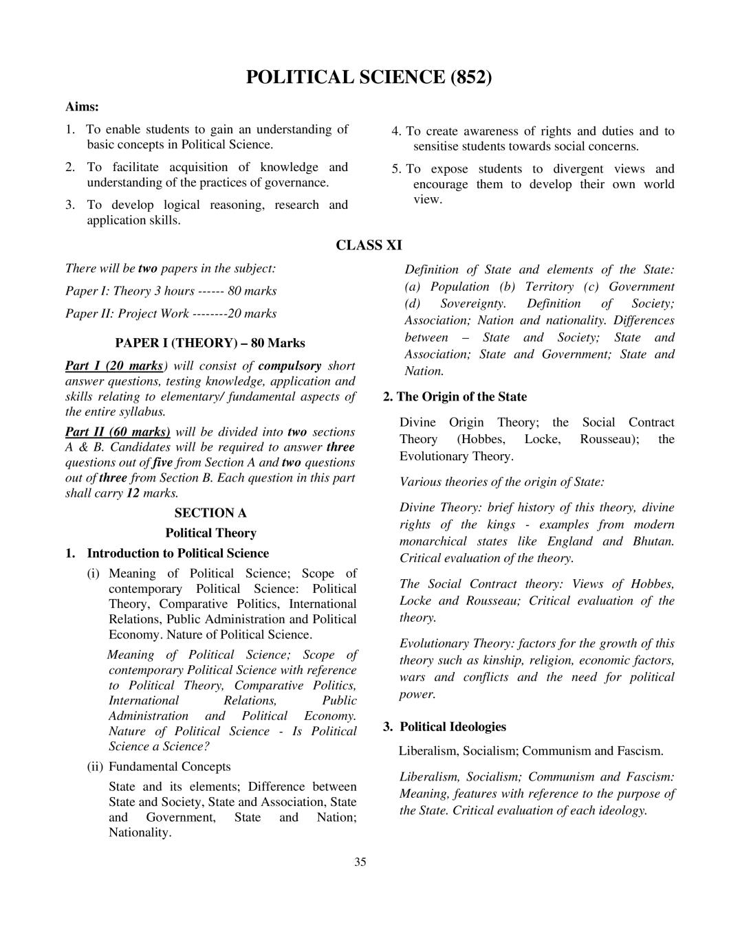 ISC Class 12 Political Science Syllabus 2021 - Page 1