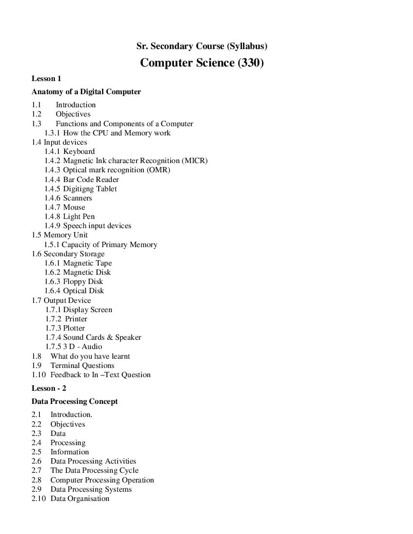NIOS Class 12 Syllabus 2023 Computer Science - Page 1