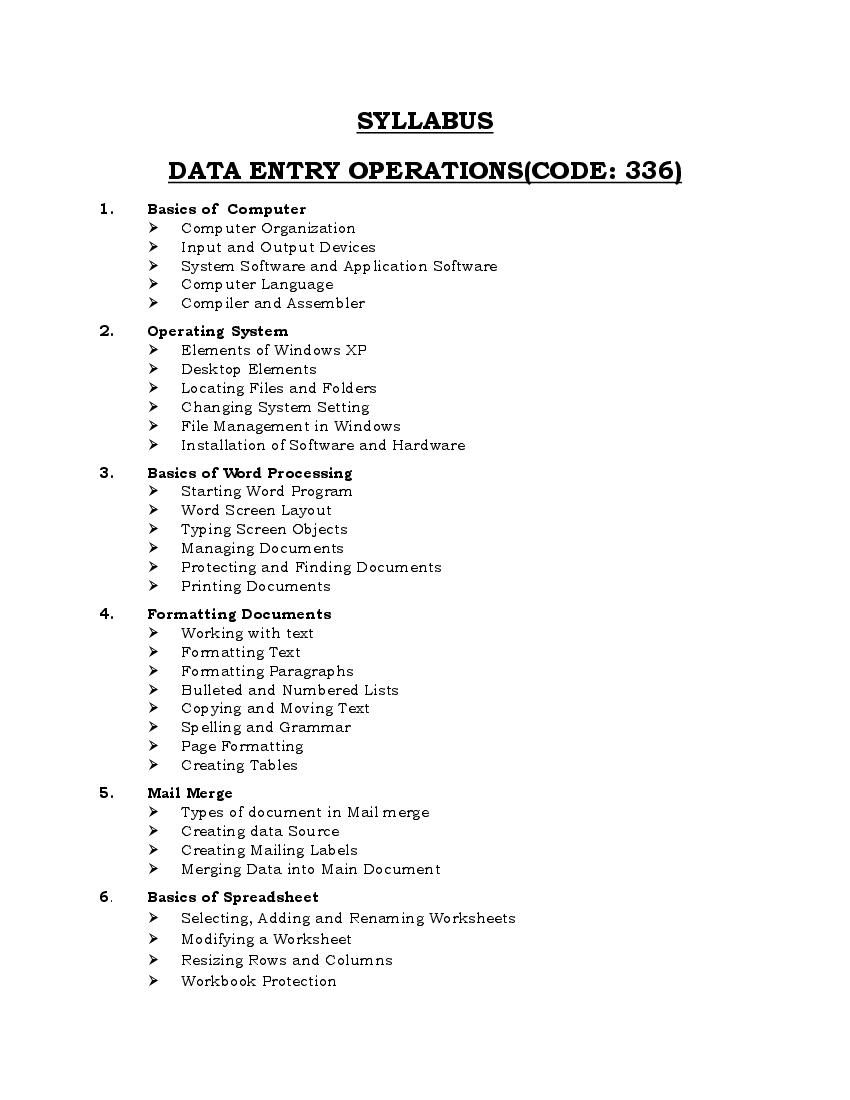 NIOS Class 12 Syllabus 2023 Data Entry Operations