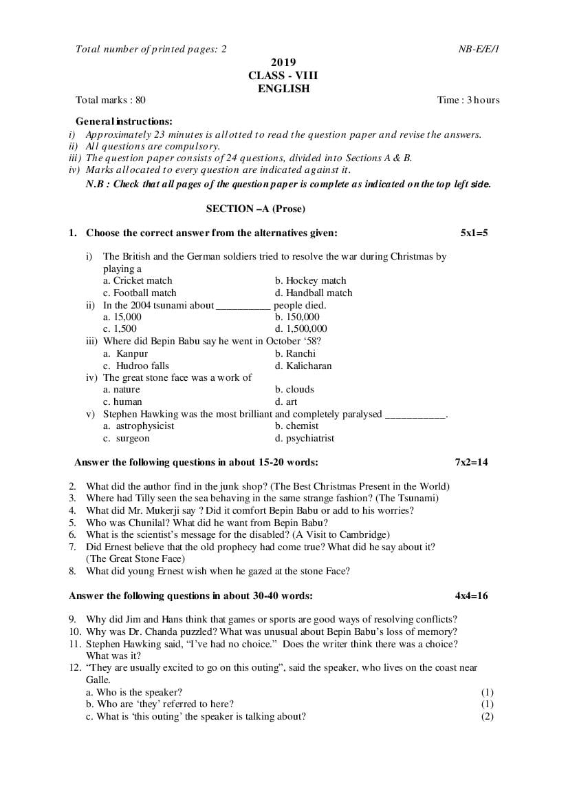 NBSE Class 8 Question Paper 2019 English - Page 1