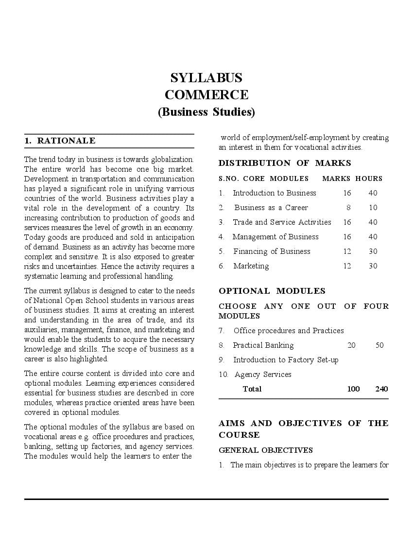 NIOS Class 12 Syllabus 2023 Business Studies - Page 1