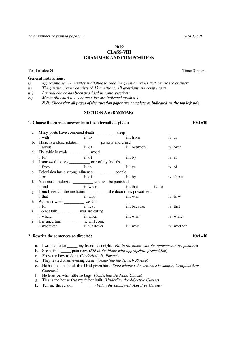 NBSE Class 8 Question Paper 2019 Grammer and Composition
