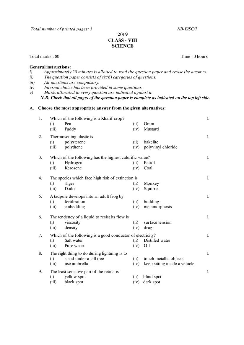 NBSE Class 8 Question Paper 2019 Science - Page 1