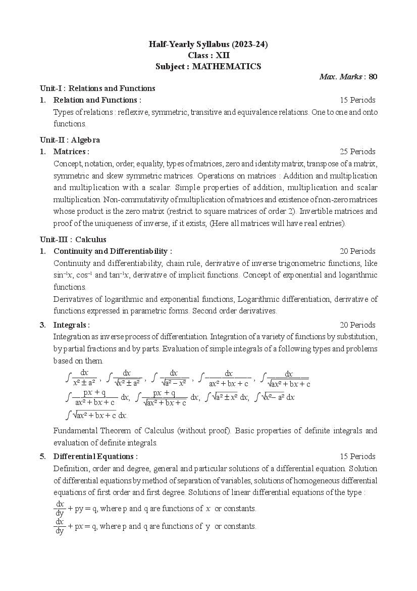 TBSE Class 12 Syllabus 2024 Mathematics - Page 1