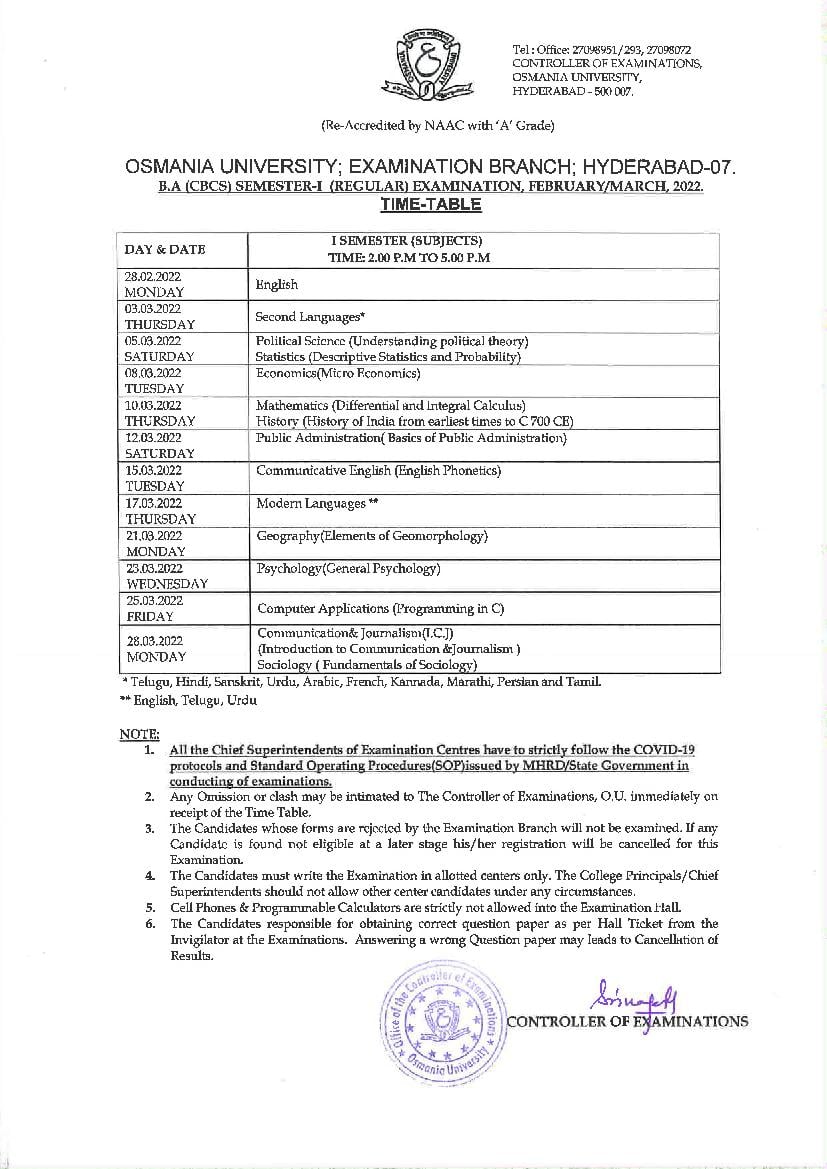 Osmania University Time Table For UG (BA, B.Com, B.Sc., BBA, BSW ...