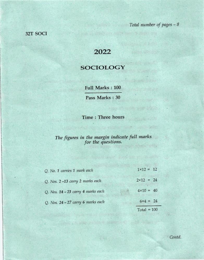 AHSEC HS 2nd Year Question Paper 2022 Sociology - Page 1