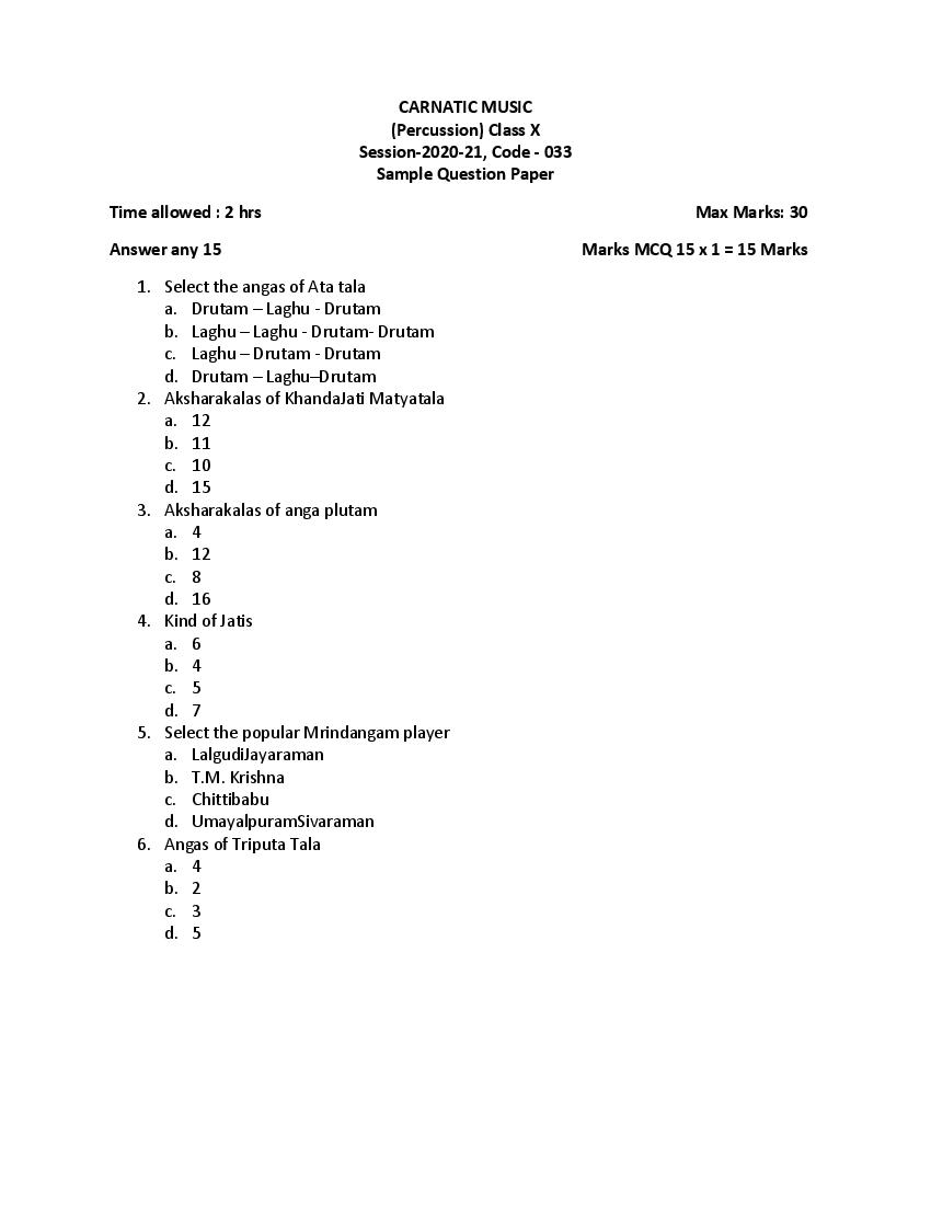 CBSE Class 10 Sample Paper 2021 for Carnatic Music Percussion - Page 1