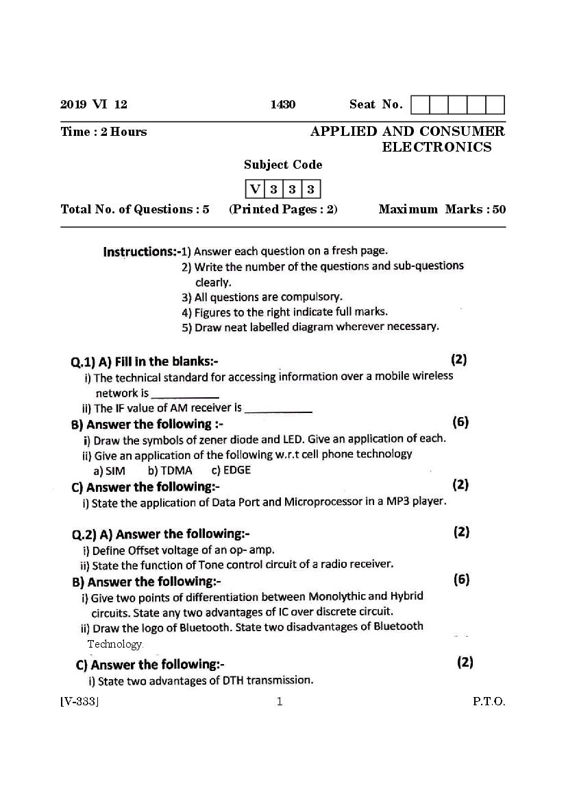 Goa Board Class 12 Question Paper June 2019 Applied and Consumer Electronics - Page 1