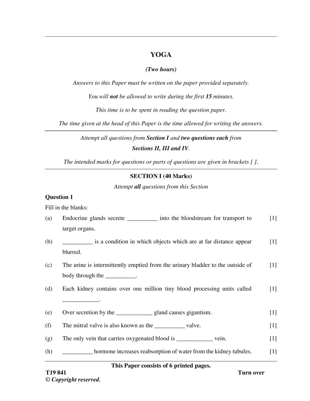ICSE Class 10 Question Paper 2019 for Yoga  - Page 1