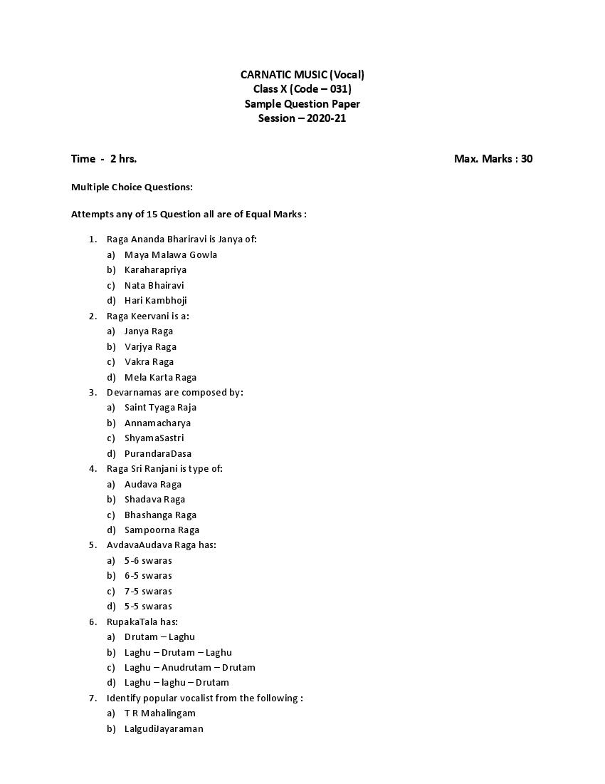 CBSE Class 10 Sample Paper 2021 for Carnatic Music Vocal - Page 1